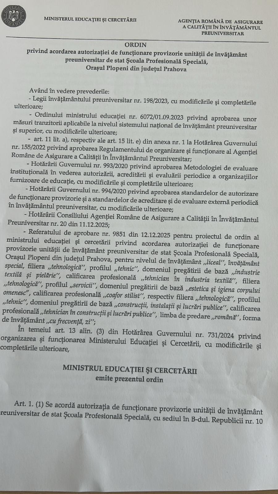 Autorizare și schimbare denumire din anul școlar 2026-2027